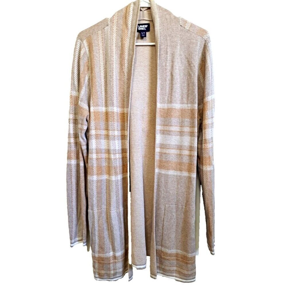 Lands' End L (14-16) Multicolor Plaid Long Sleeve Open Front Long Cardigan